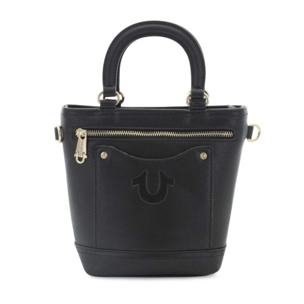 True Religion Black Leather Tote Bag with Gold Hardware